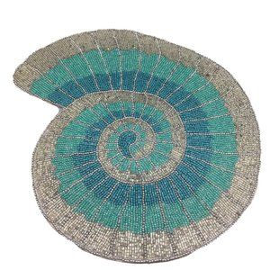 x4 Coastal Collection Beaded Abalone Shell Placemat Set Ocean Blue Silver Beach
